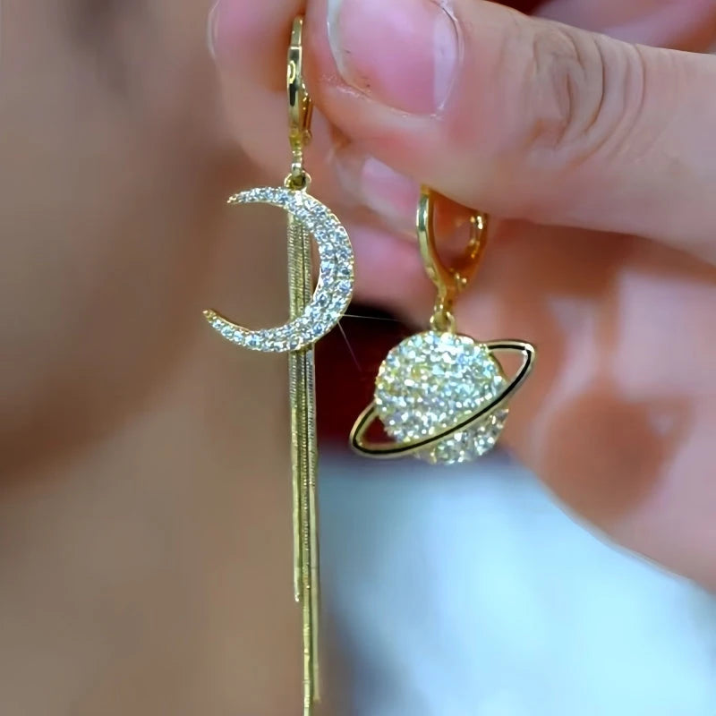 14K Gold-Plated Zircon Asymmetrical Planet And Moon Earrings - elegant Asymmetrical Planet Moon