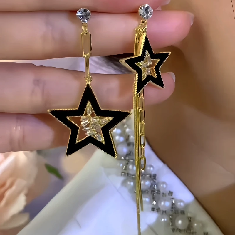 14K Gold-Plated Zircon Asymmetrical Star Chain Tassel Earrings - elegant Asymmetrical Star Earrings