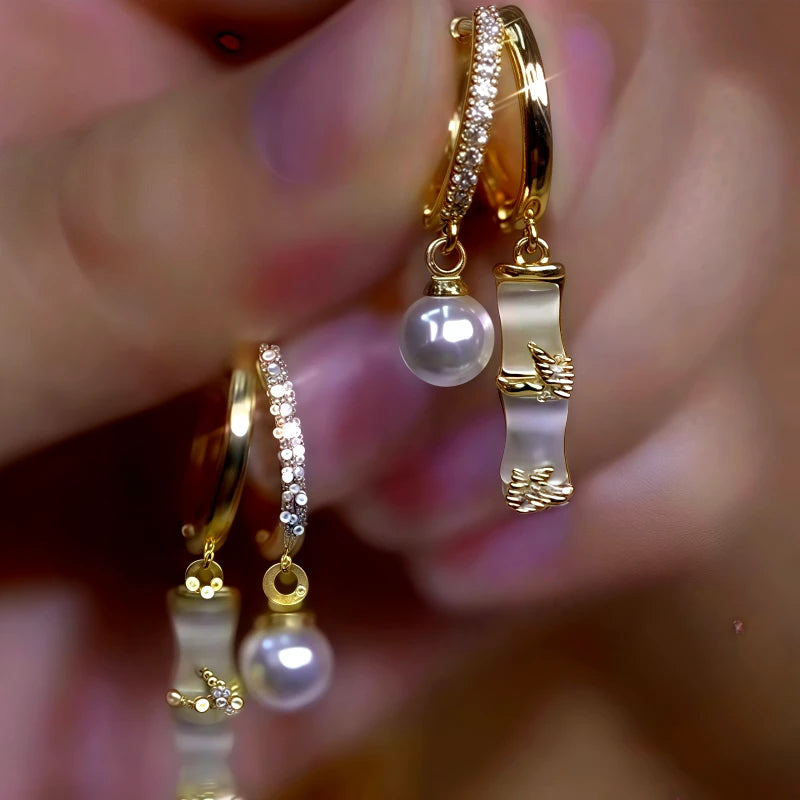 14K Gold-Plated Zircon Bamboo Pearl Earrings - elegant Bamboo Pearl Earrings