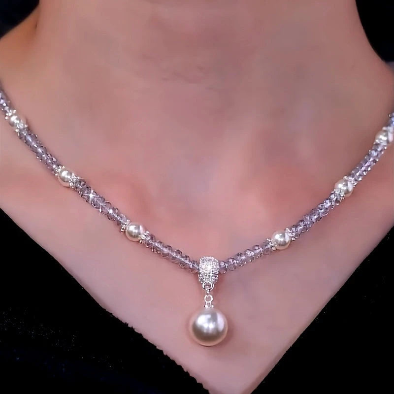 14K Gold-Plated Zircon Bead Pearl Pendant Necklace worn to showcase its length and pendant detail