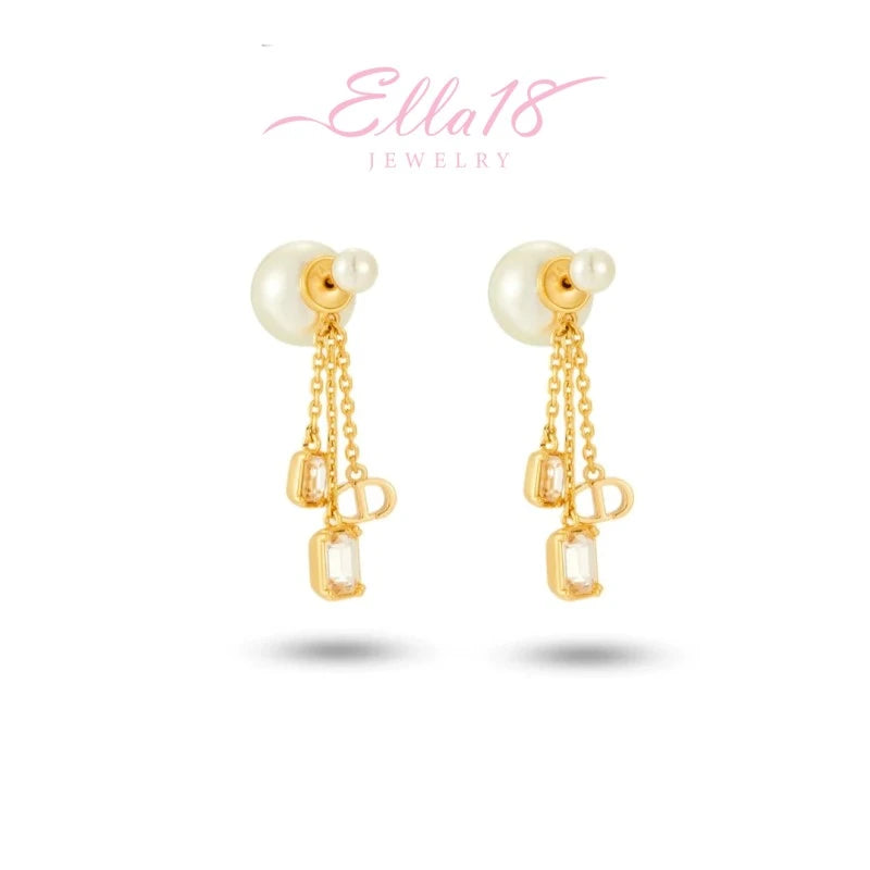 Angled view of the 14K Gold-Plated Zircon Bead Tassel Earrings