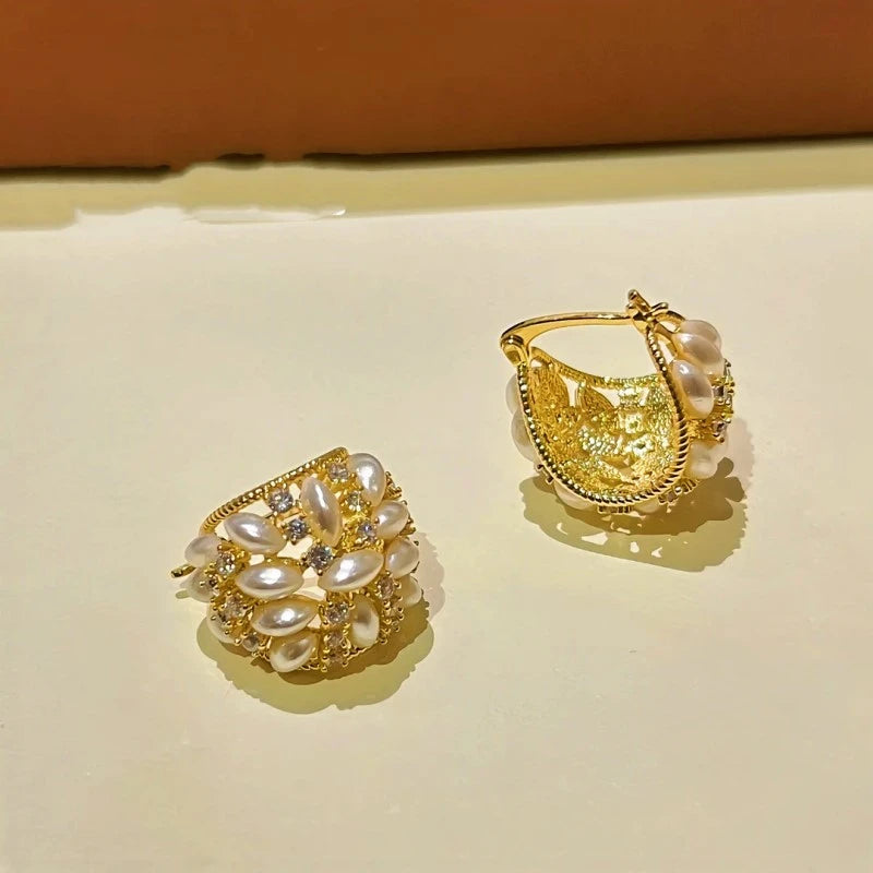 Angled view of the 14K Gold-Plated Zircon Beaded Flower Basket Earrings