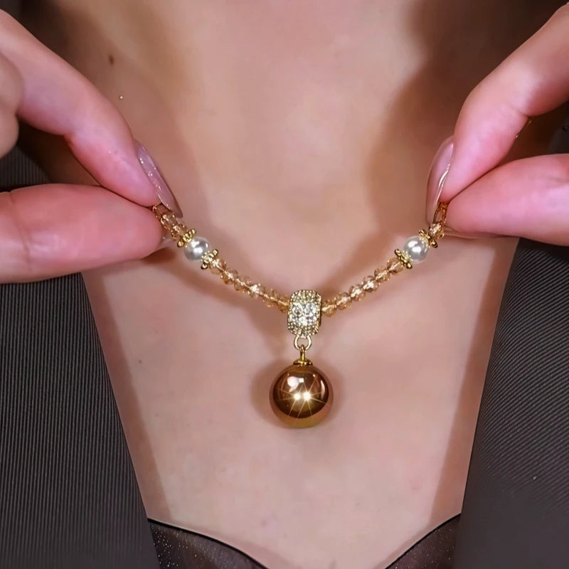 14K Gold-Plated Zircon Beads Brown Pearl Necklace - beautiful Brown Pearl Necklace