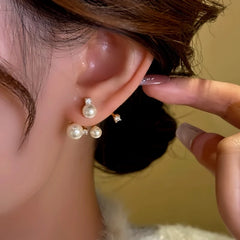 Model showcasing the dangle and style of the 14K Gold-Plated Zircon Beads Earrings