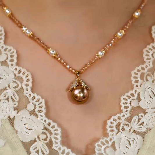 14K Gold-Plated Zircon Beads Leaf Necklace worn to showcase its length and pendant detail