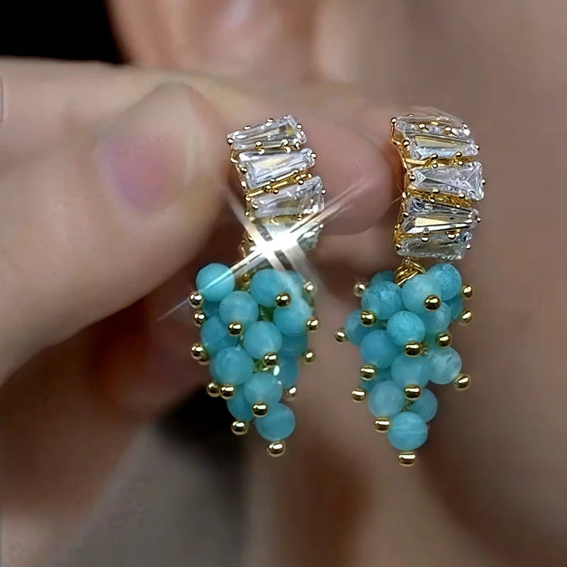 14K Gold-Plated Zircon Blue Bead Tassel Earrings - elegant Bead Tassel Earrings
