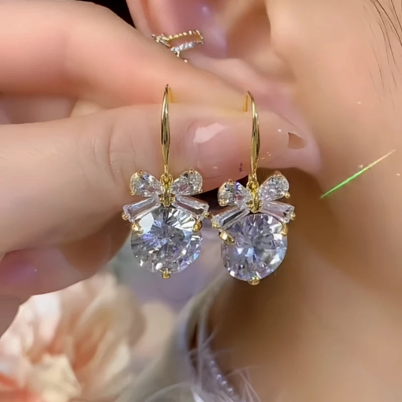 14K Gold-Plated Zircon Bow Ear Hooks - elegant Bow Ear Hooks
