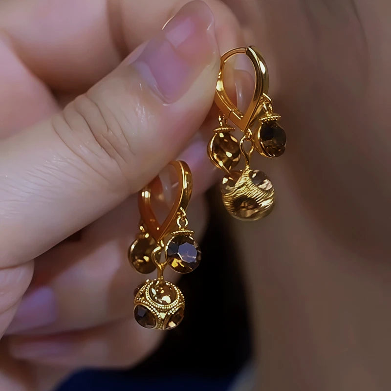 14K Gold-Plated Zircon Brown Diamond Ball Tassel Earrings - elegant Ball Tassel Earrings