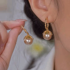 14K Gold-Plated Zircon Brown Pearl Earrings - elegant Drop Pearl Earrings