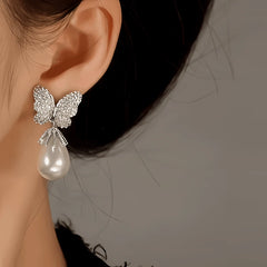 14K Gold-Plated Zircon Butterfly Pearl Earrings - elegant Butterfly Pearl Earrings