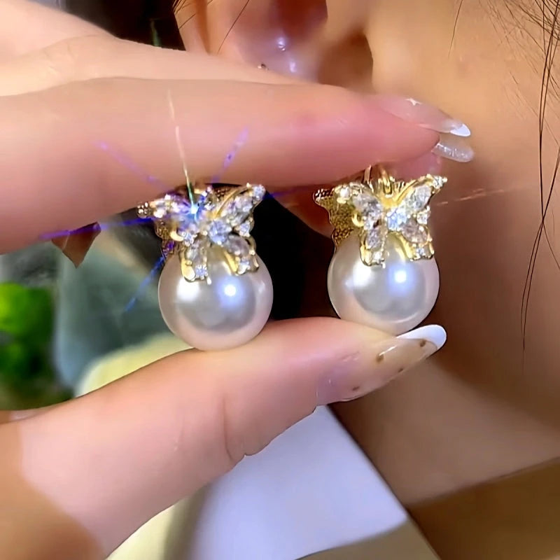 14K Gold-Plated Zircon Butterfly Pearl Earrings - elegant Butterfly Pearl Earrings