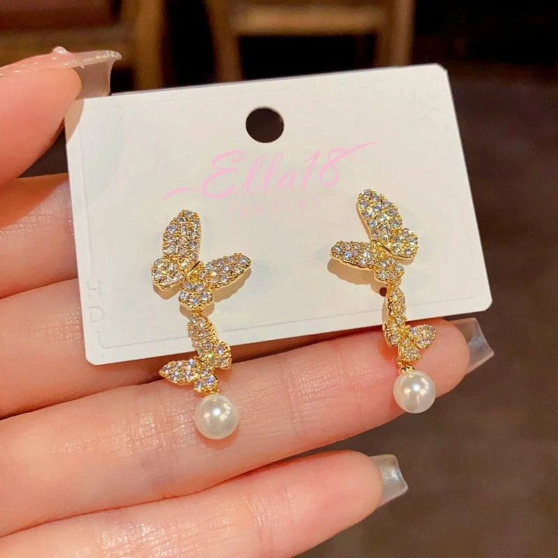 14K Gold-Plated Zircon Butterfly Pearl Tassel Earrings - elegant Pearl Tassel Earrings