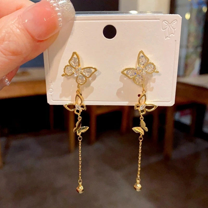 Close-up detail of the sparkling zircons and plating on the Butterfly Tassel Earrings