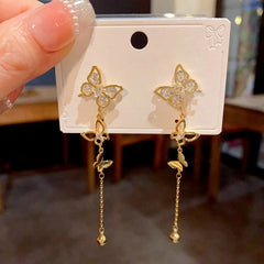 Close-up detail of the sparkling zircons and plating on the Butterfly Tassel Earrings