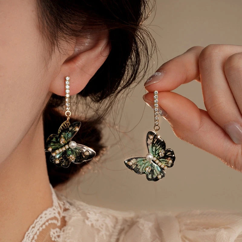 14K Gold-Plated Zircon Butterfly Tassel Earrings - elegant Green Butterfly Earrings