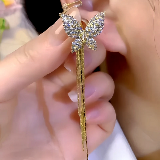 14K Gold-Plated Zircon Butterfly Tassel Earrings - elegant Asymmetrical Butterfly Earrings