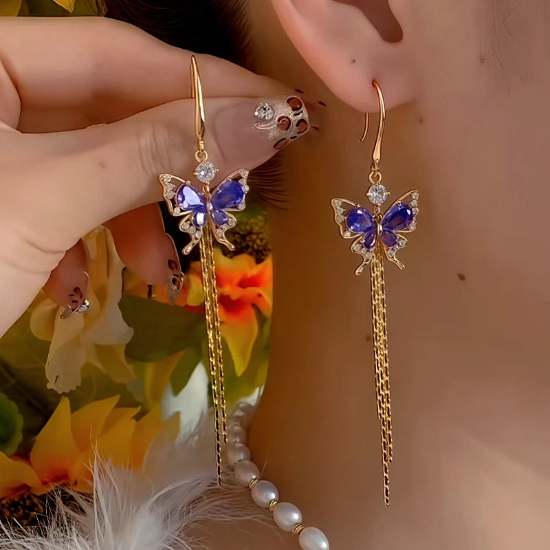 14K Gold-Plated Zircon Butterfly Tassel Earrings - elegant Butterfly Threader Earrings