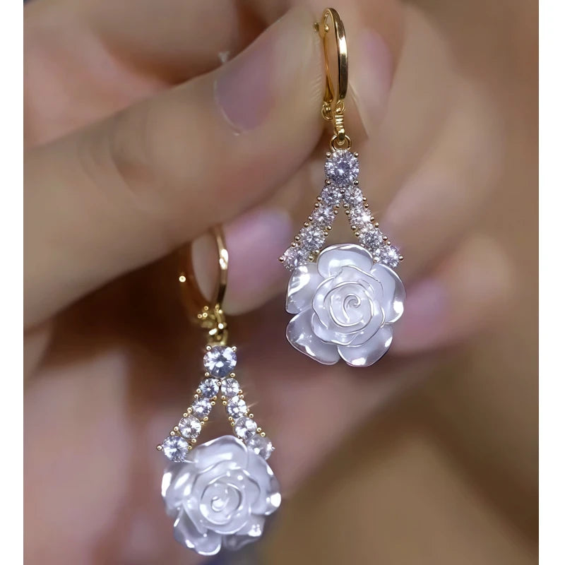 14K Gold-Plated Zircon Camellia Earrings - elegant Camellia Flower Earrings