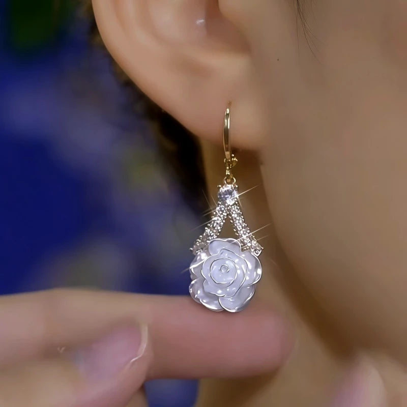 Close-up detail of the sparkling zircons and plating on the Camellia Flower Earrings