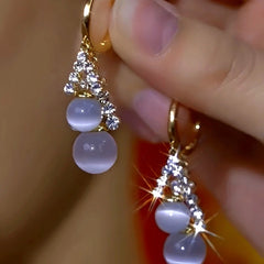 14K Gold-Plated Zircon Cat's Eye Stone Bead Earrings - elegant Cat's Eye Drop Earrings