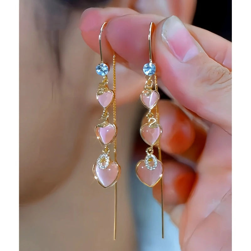 14K Gold-Plated Zircon Cat's Eye Stone Heart Threader Earrings - elegant Heart Threader Earrings
