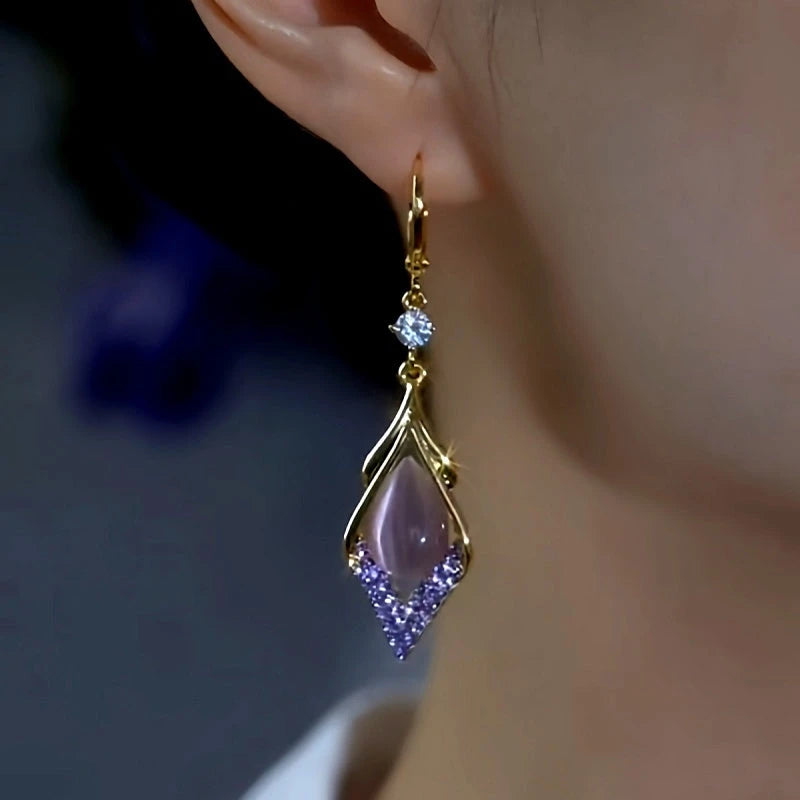 Close-up detail of the sparkling zircons and plating on the Purple Water Drop Earrings