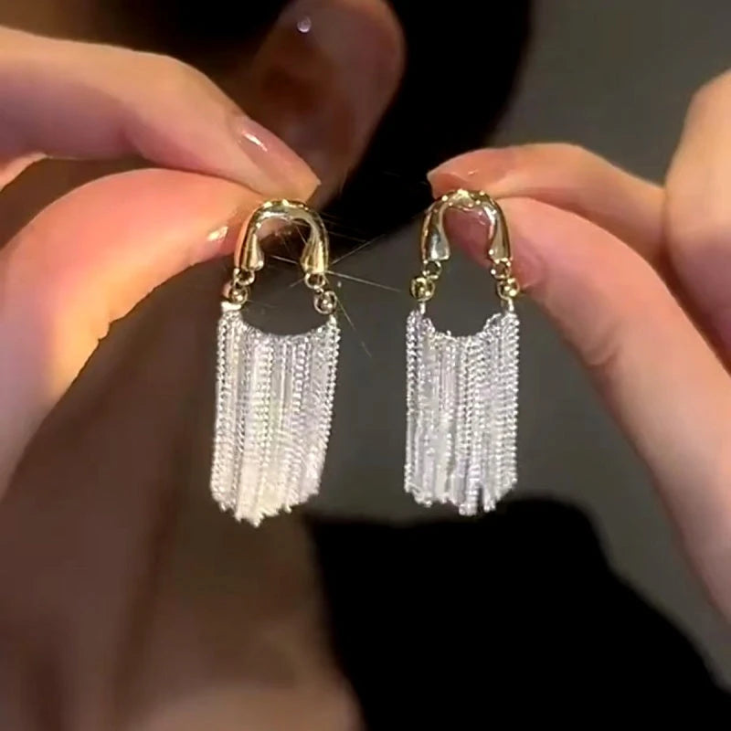 14K Gold-Plated Zircon Chain Tassel Earrings - elegant Chain Tassel Earrings