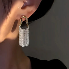 Close-up detail of the sparkling zircons and plating on the Chain Tassel Earrings