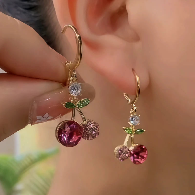 14K Gold-Plated Zircon Cherry Earrings - elegant Red Cherry Earrings