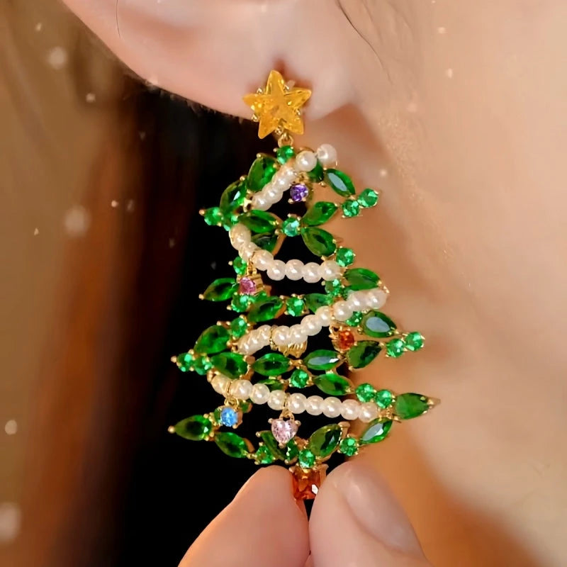Close-up detail of the sparkling zircons and plating on the Christmas Tree Earrings