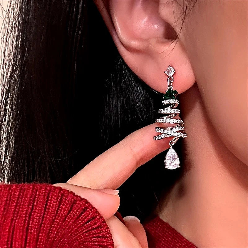 Close-up detail of the sparkling zircons and plating on the White Christmas Tree Earrings