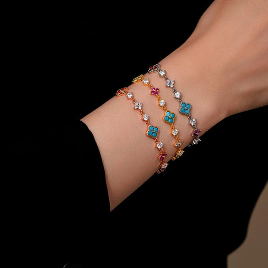 14K Gold-Plated Zircon Colorful Flower Bracelets - chic Silver Flower Bracelet