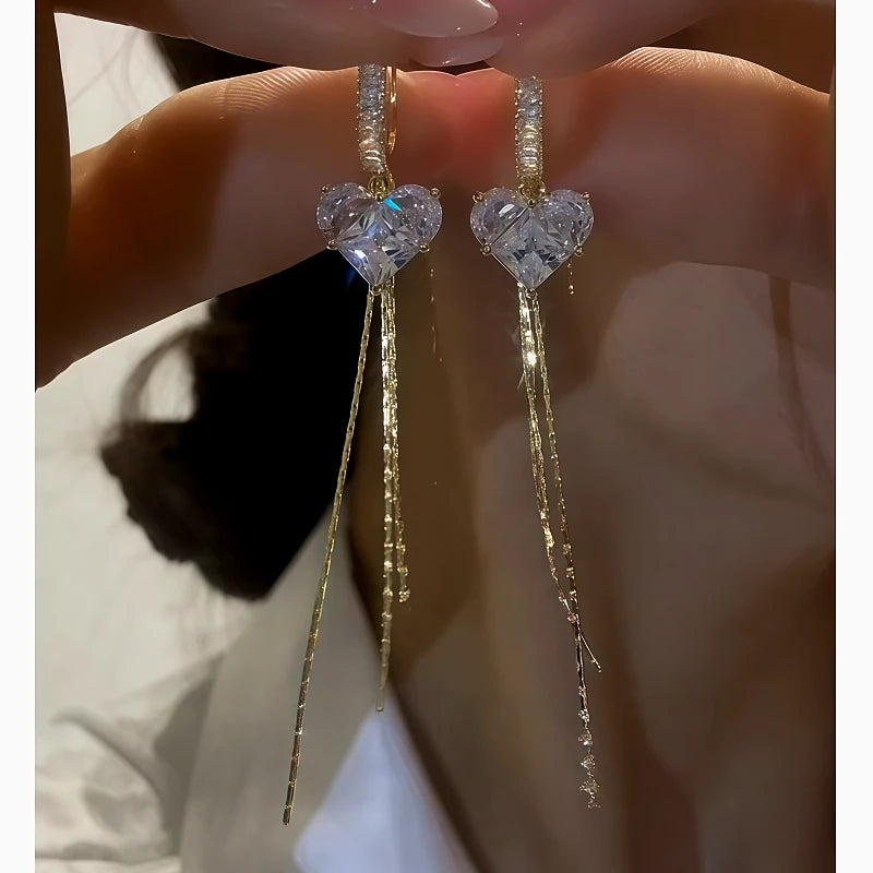 14K Gold-Plated Zircon Crystal Heart Tassel Earrings - elegant Crystal Heart Tassel Earrings