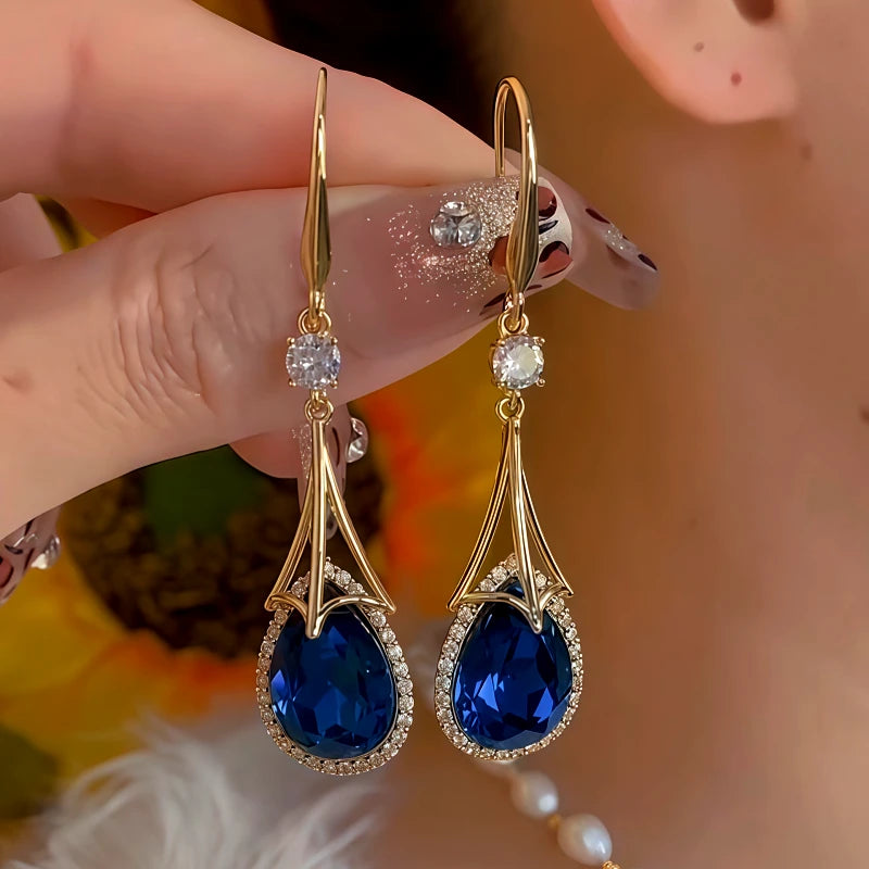 14K Gold-Plated Zircon Crystal Tassel Earrings - elegant Blue Tassel Earrings