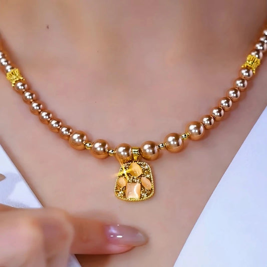 14K Gold-Plated Zircon Diamond-Encrusted Square Pearl Necklace worn to showcase its length and pendant detail