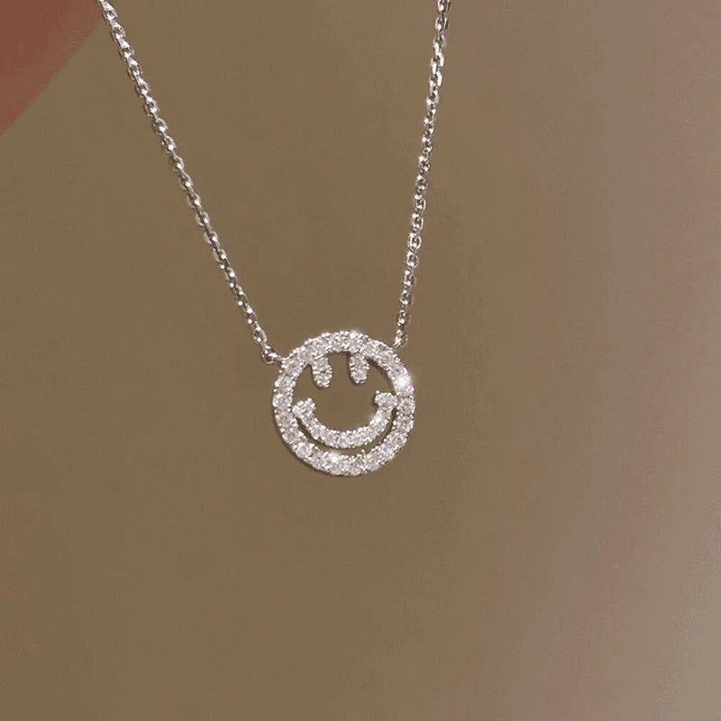 14K Gold-Plated Zircon Diamond-Studded Hollow Smiley Face Necklace - beautiful Hollow Smiley Necklace