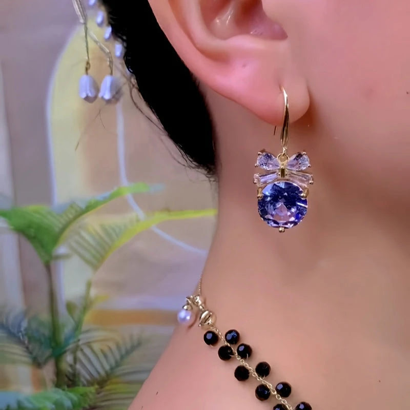 14K Gold-Plated Zircon Diamond Bow Ear Hook Earrings - elegant Bow Ear Hooks