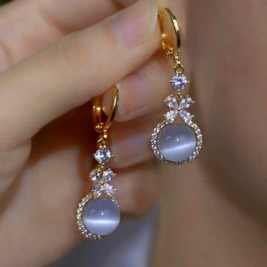 14K Gold-Plated Zircon Diamond Cat's Eye Bead Earrings - elegant Cat's Eye Bead Earrings