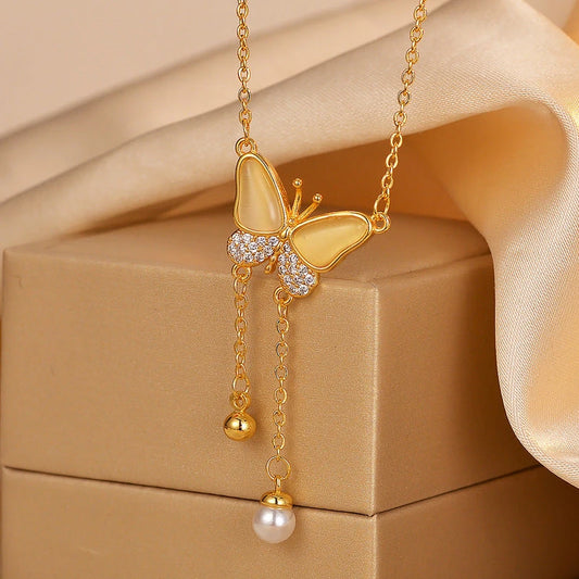 14K Gold-Plated Zircon Diamond Cat's Eye Stone Butterfly Tassel Necklace - beautiful Butterfly Tassel Necklace