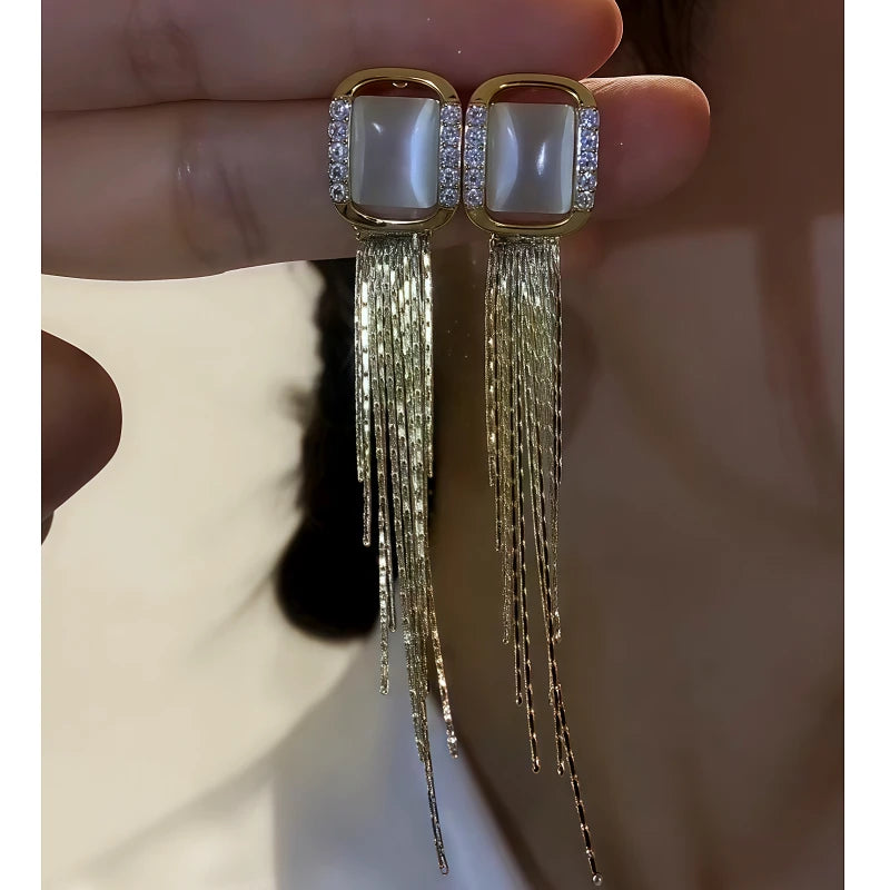 14K Gold-Plated Zircon Diamond Cat's Eye Stone Tassel Earrings - elegant Cat's Eye Tassel Earrings