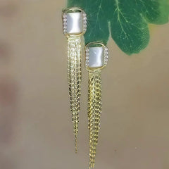 Angled view of the 14K Gold-Plated Zircon Diamond Cat's Eye Stone Tassel Earrings