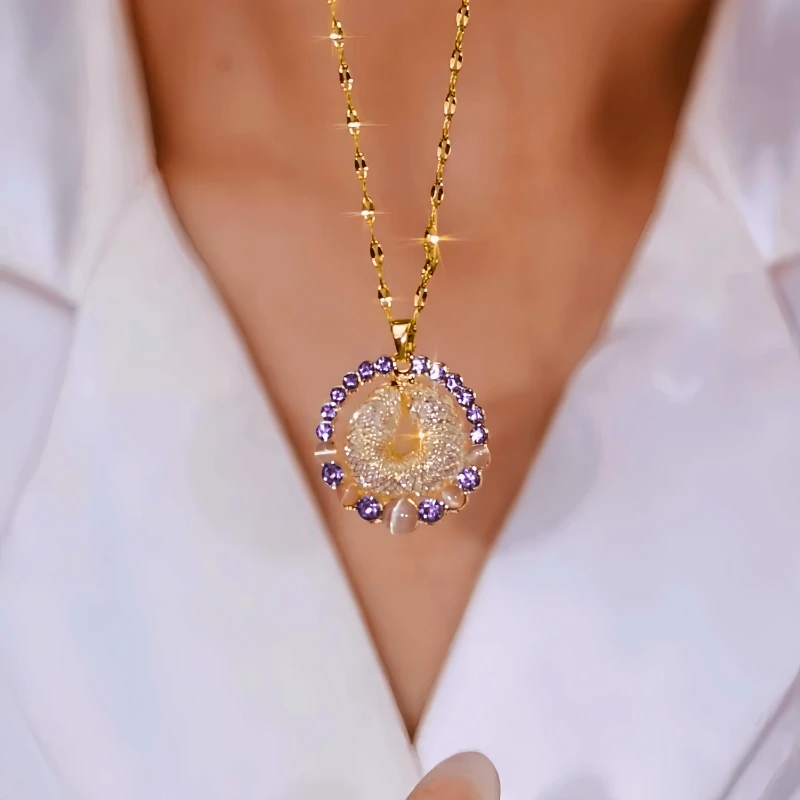 14K Gold-Plated Zircon Diamond Cat's Stone Mesh Hoop Pendant Necklace - beautiful Hoop Pendant Necklace