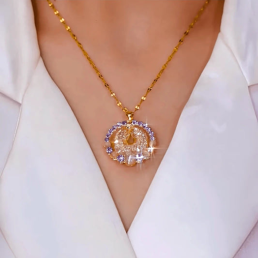 14K Gold-Plated Zircon Diamond Cat's Stone Mesh Hoop Pendant Necklace worn to showcase its length and pendant detail