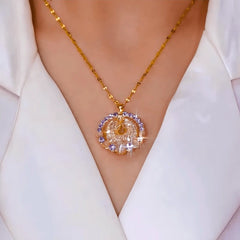 14K Gold-Plated Zircon Diamond Cat's Stone Mesh Hoop Pendant Necklace worn to showcase its length and pendant detail