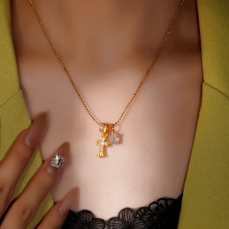Detailed view of the 14K Gold-Plated Zircon Diamond Cross Necklace chain and pendant
