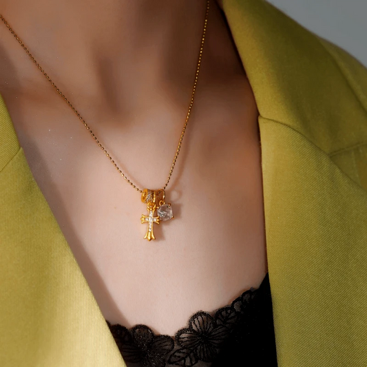 14K Gold-Plated Zircon Diamond Cross Necklace worn to showcase its length and pendant detail