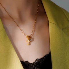 14K Gold-Plated Zircon Diamond Cross Necklace worn to showcase its length and pendant detail
