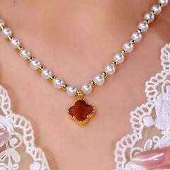 14K Gold-Plated Zircon Diamond Four-Leaf Clover Double-Sided Pearl Necklace worn to showcase its length and pendant detail