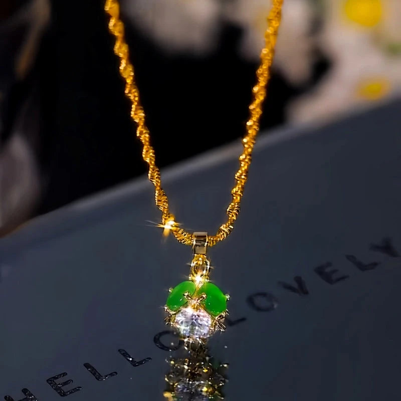 14K Gold-Plated Zircon Diamond Green Cat's Eye Stone Ball Pendant Necklace - beautiful Green Cat's Eye Necklace