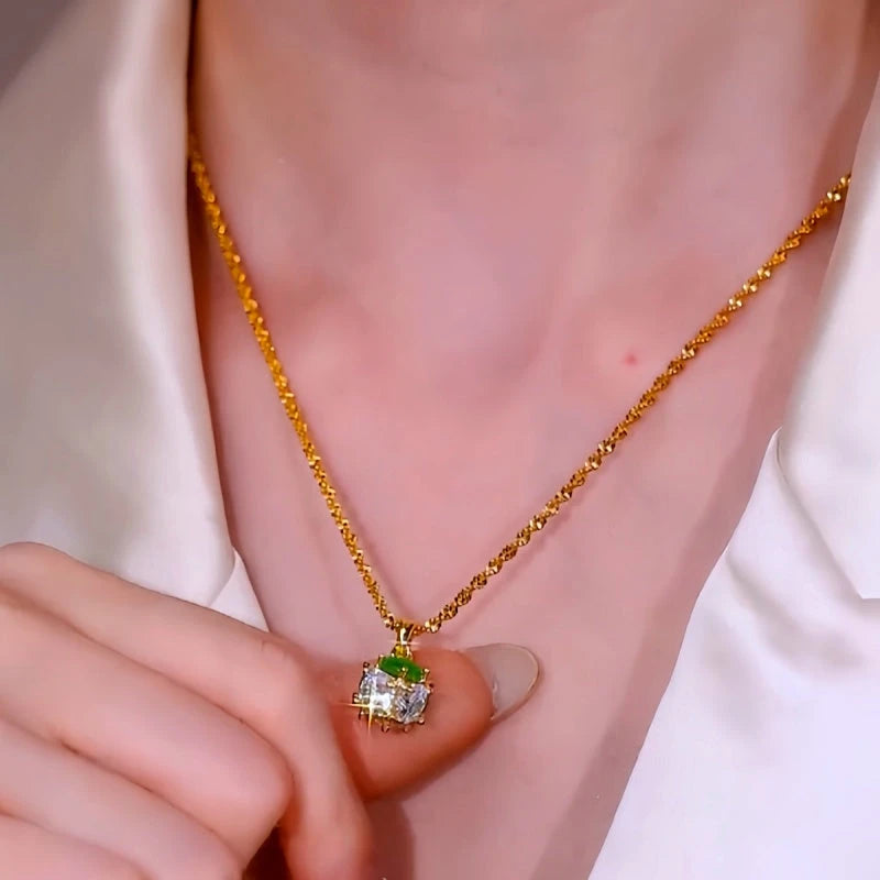 14K Gold-Plated Zircon Diamond Green Cat's Eye Stone Ball Pendant Necklace worn to showcase its length and pendant detail